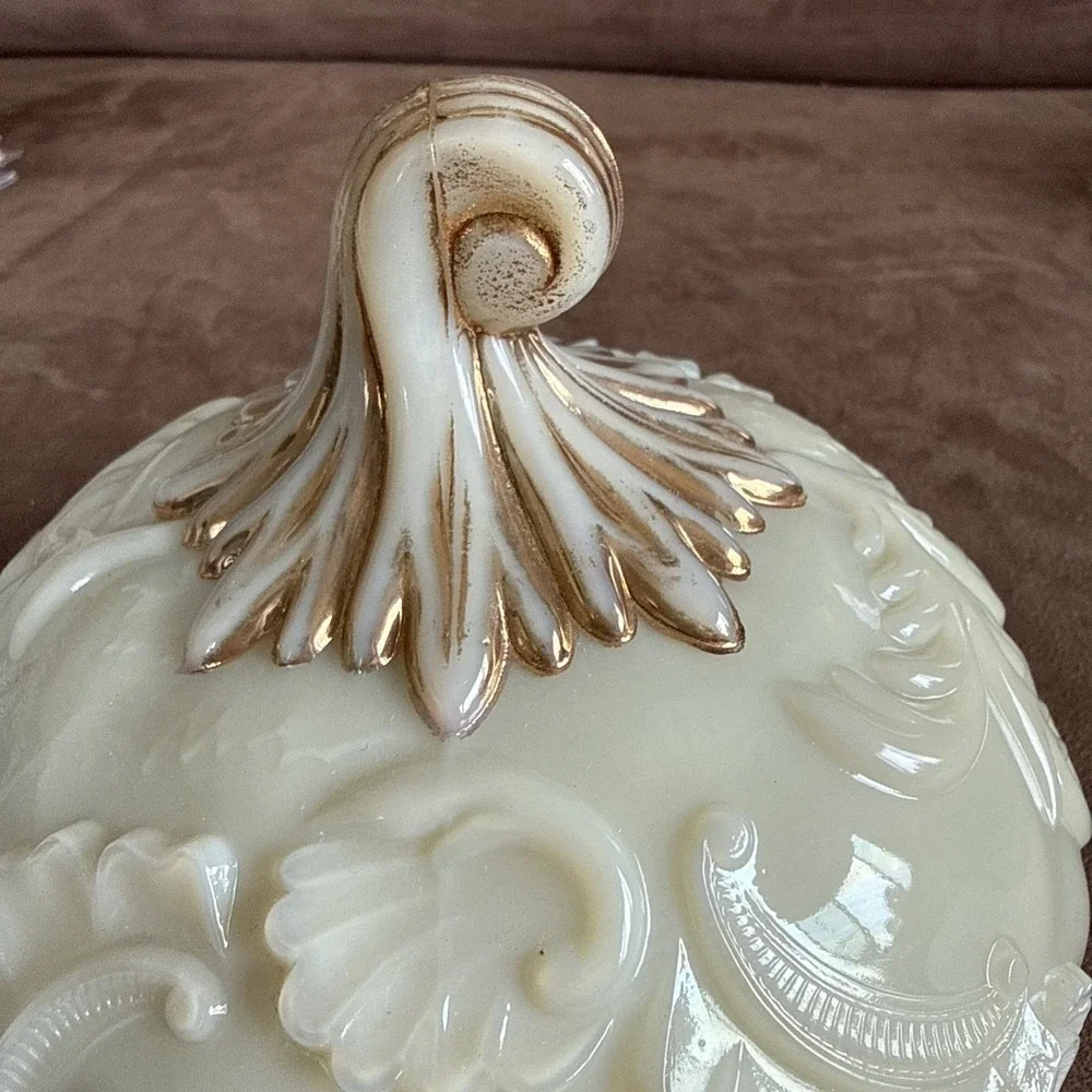 Antique Northwood Louis XV Custard Glass Butter Dish Lid Uranium 1898 Gold Gilt